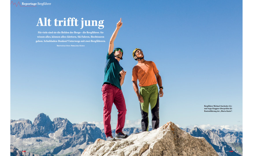 <p>Aufmacher-Doppelseite unserer Reportage "Alt trifft jung" aus der September-Ausgabe von ALPIN.</p>