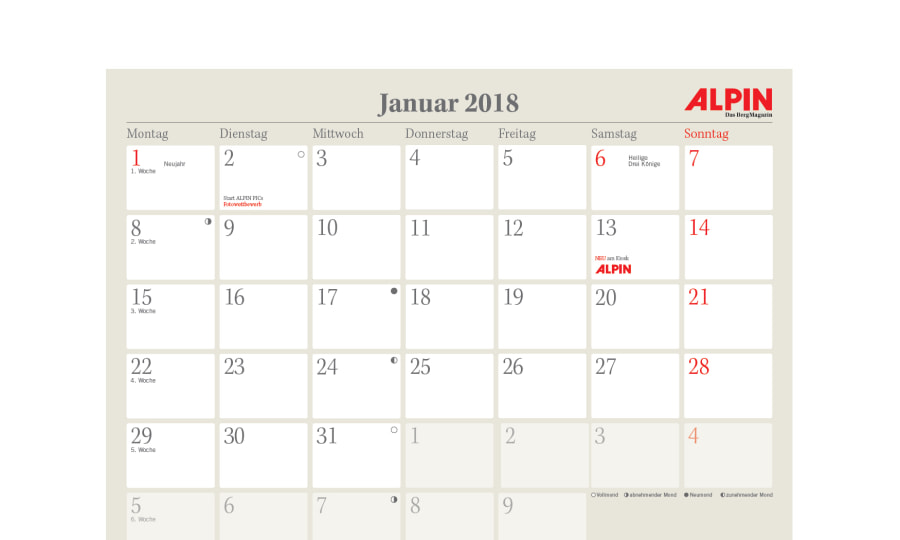 <p>So sieht das Kalendarium unseres ALPIN-Kalenders 2018 aus.</p>