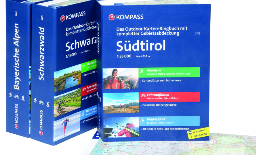 Die neuen Outdoor-Karten-Ringbüch 3in1 sind für die Regionen Südtirol, Schwarzwald und Bayerische Alpen erhältlich.