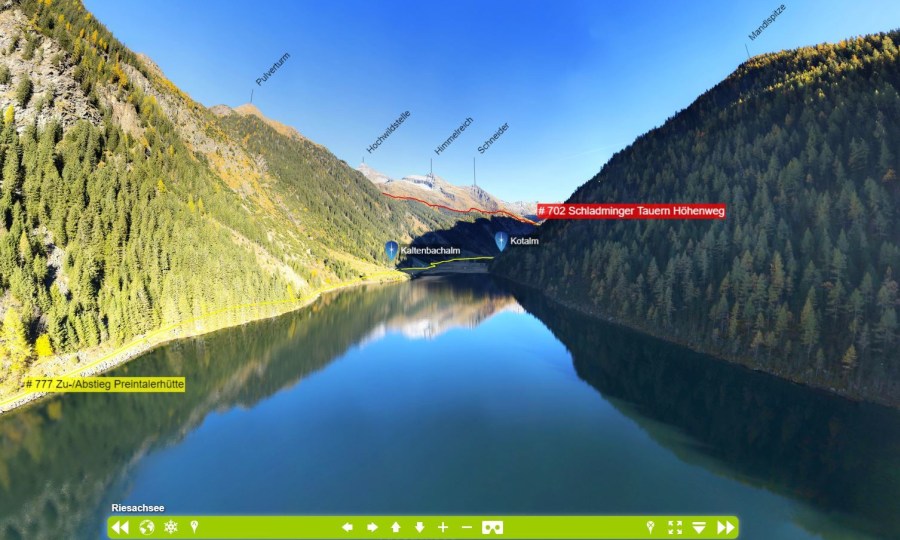 <p>Auf dem "Schladminger Tauern Höhenweg" kommt ihr unter anderem am Riesachsee vorbei. Hier ein Einblick in die 360-Grad-Ansicht.</p>