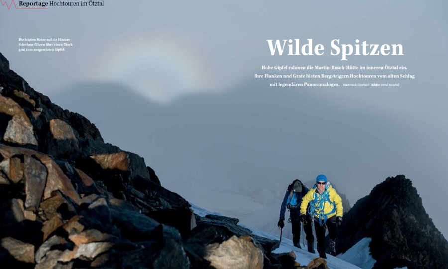 <p>Die Aufmacher-Doppelseite der Reportage "Wilde Spitzen - Hochtouren im Ötztal" aus der Juni-Ausgabe von ALPIN.</p>