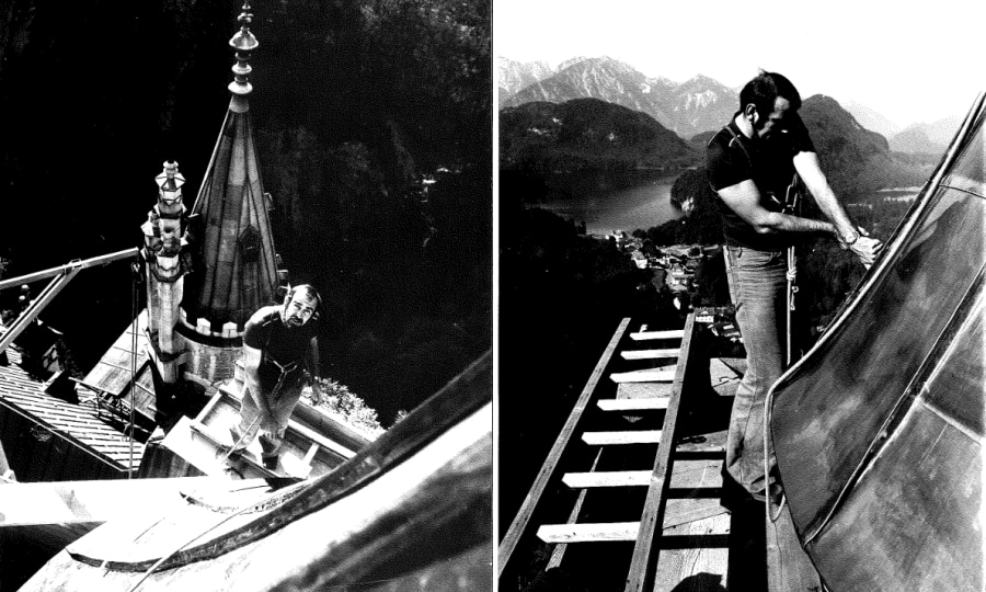 <p>Aussichtsreicher Arbeitsplatz: Spengler auf Schloss Neuschwanstein 1976.</p>