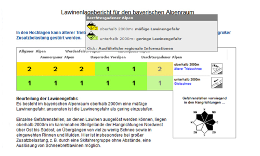 <p>Screenshot des Lawinenlagebericht für den bayerischen Alpenraum des Lawinenwarndienst Bayern</p>