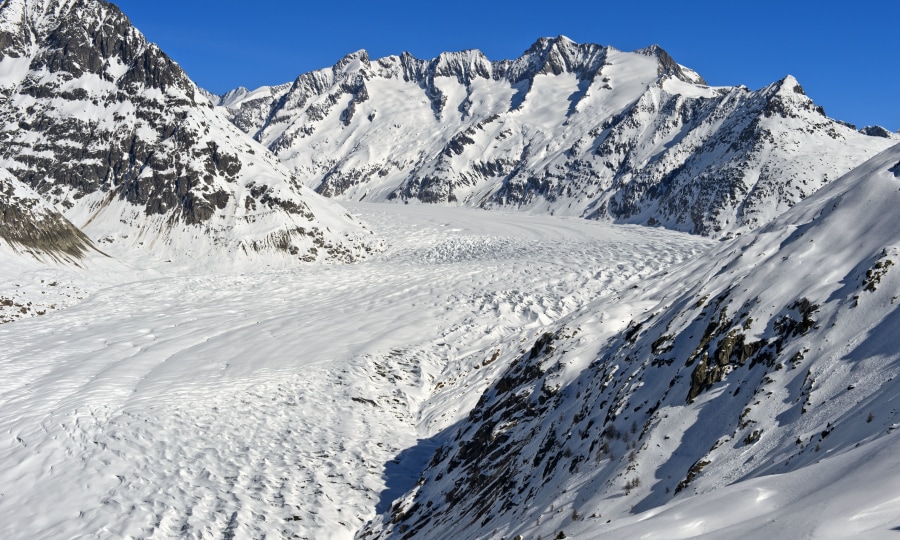 <p>Unter dem Aletschhorn fließen Ewigschneefäld (im Vordergrund),und Aletschfirn ineinander und vereinigen sich zum Großen Aletschgletscher.</p>