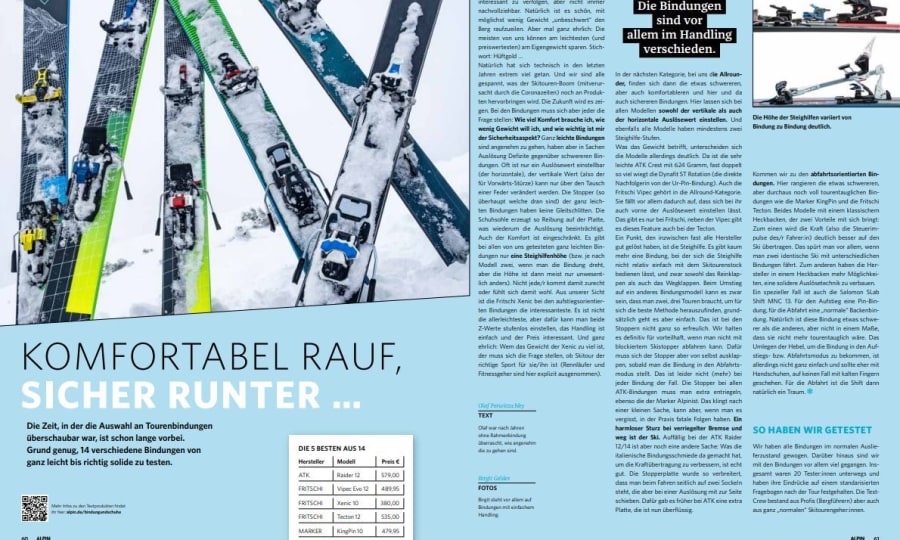 <p>Den kompletten Testbericht zu den Skitourenbindungen findet ihr in der aktuellen Print-Ausgabe des ALPIN Magazin.</p>