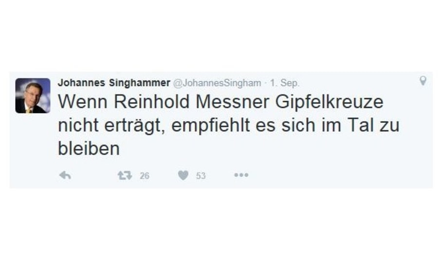 <p>Tweet des CSU-Politikers und Vizepräsidenten des Deutschen Bundestages Johannes Singhammer vom 01.09.2016.</p>