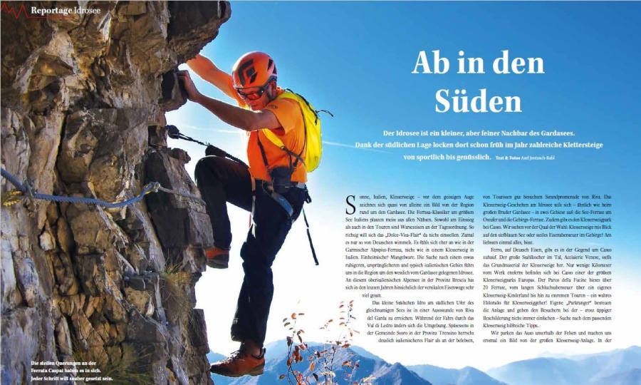 <p>Die Aufmacher-Seite zur Klettersteig-Reportage in ALPIN 03/2018.</p>