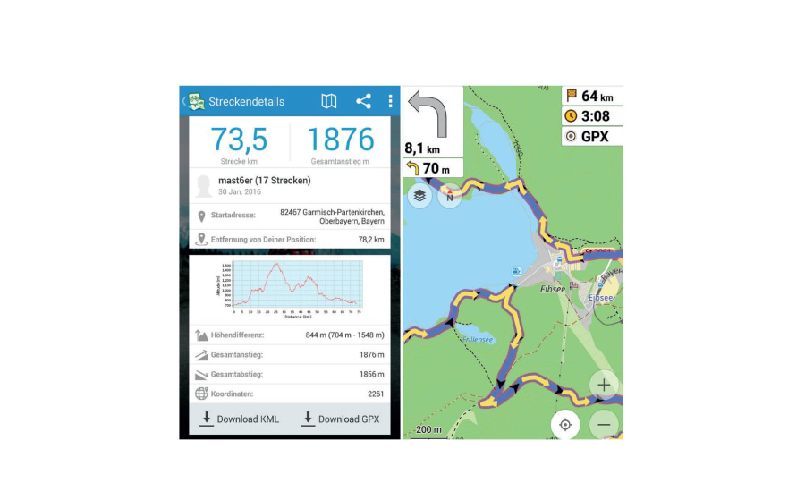 <p>GPSies (links) ist eine riesige Track- und Routensammlung, eine gewählte Tour lässt sich auf dem Smartphone in eine andere Navi-App übernehmen (rechts: OSMAnd).</p>